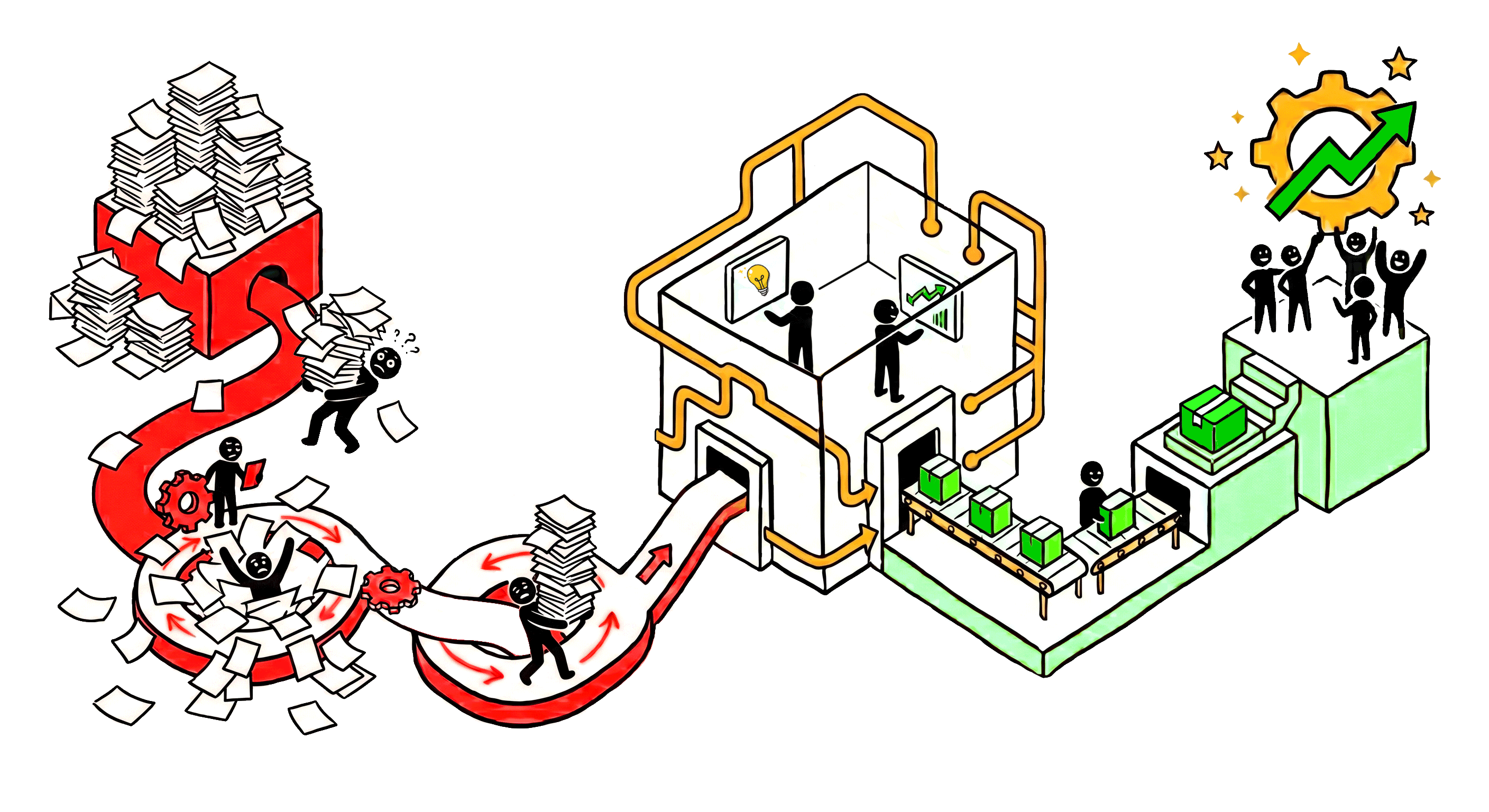 Illustration of a business transitioning from chaotic paperwork through an AI-powered processing system to a celebrating team on a winning podium.